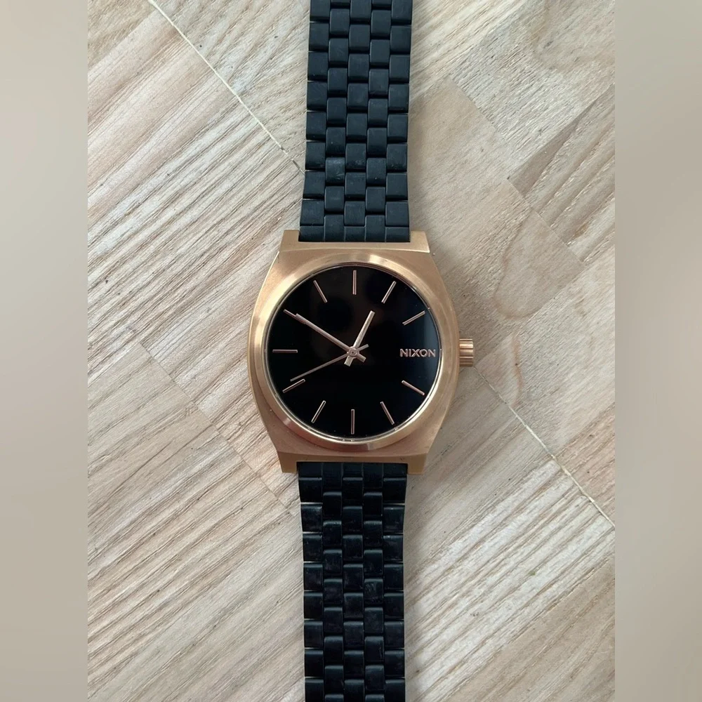 Nixon Minimal Time Traveler Black and Rose Gold Watch Adjustable Black Bracelet